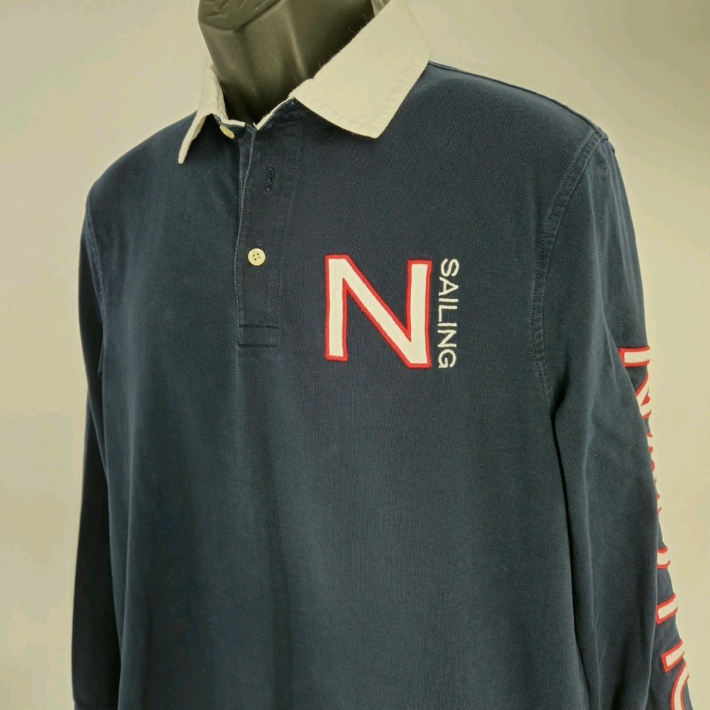 Nautica Sailing Long Sleeve Rugby‎ Shirt Size Medium Navy Blue